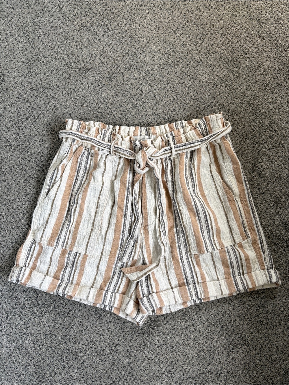 Striped Paperbag Waist Women's Shorts in Beige White